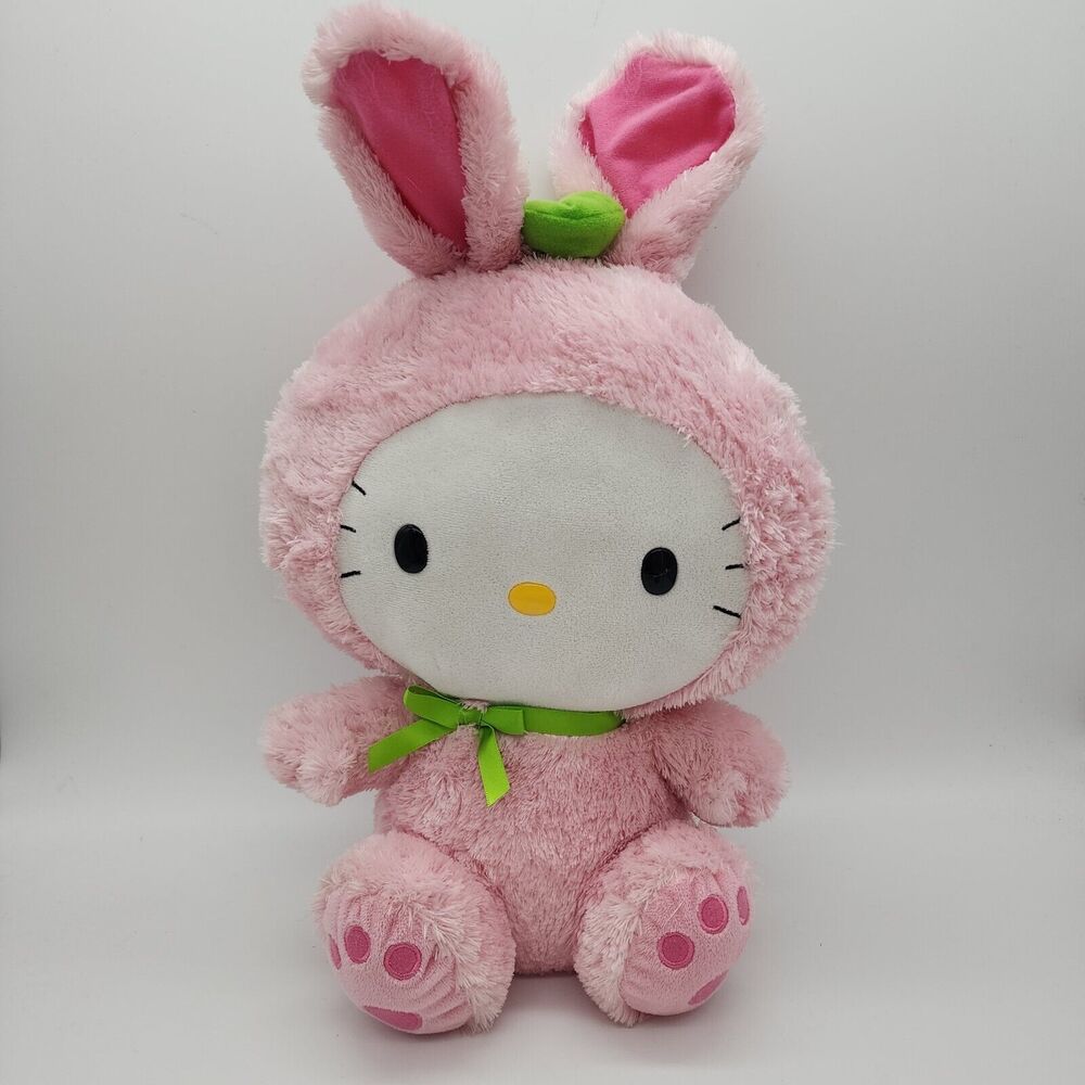 Hello Kitty Pink Bunny Suit Plush 13" Green Bow Kawaii Sanrio Beanie TY 2011